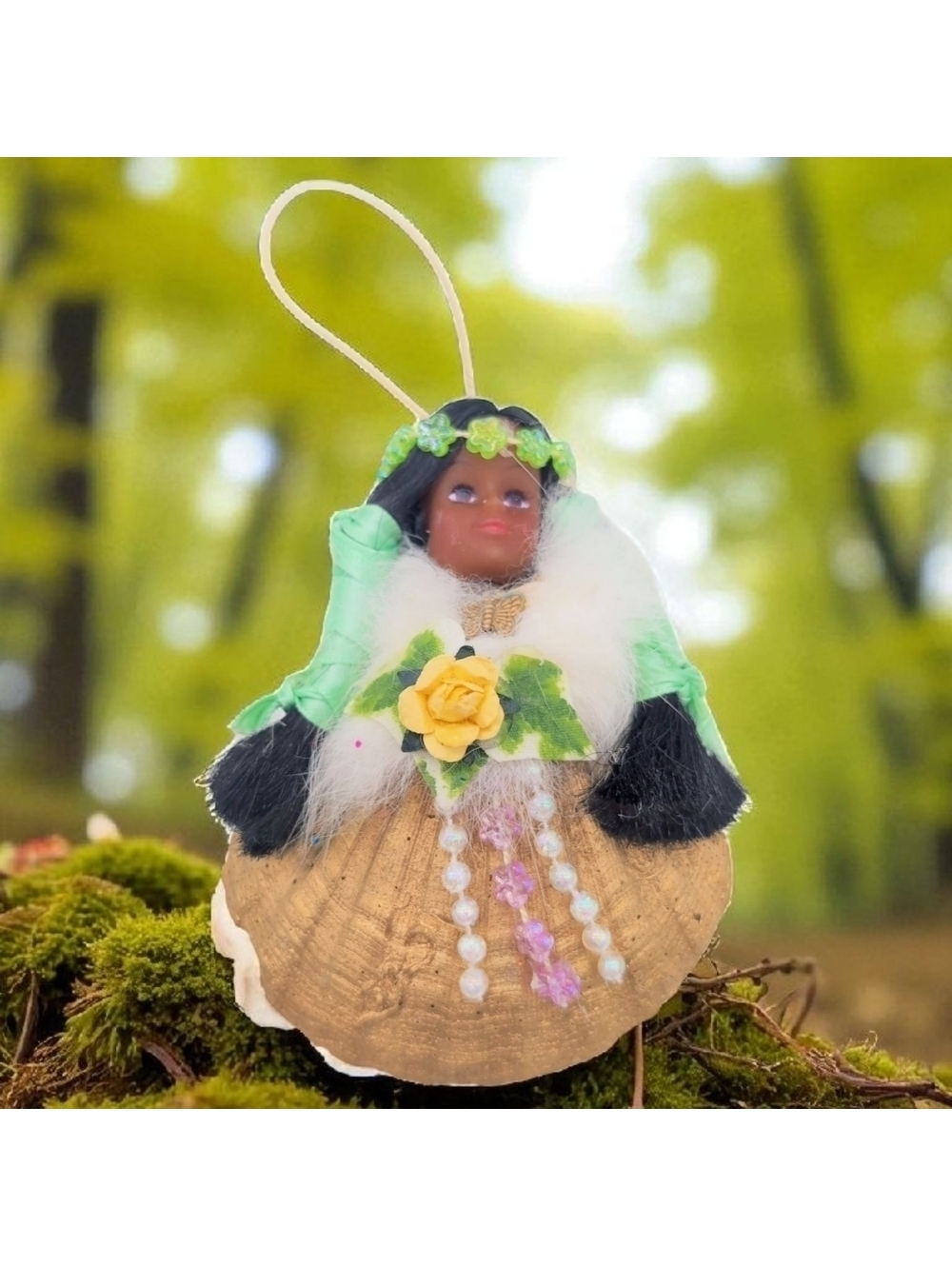 Handcrafted Native American Seashell Doll Ornament with Floral Details